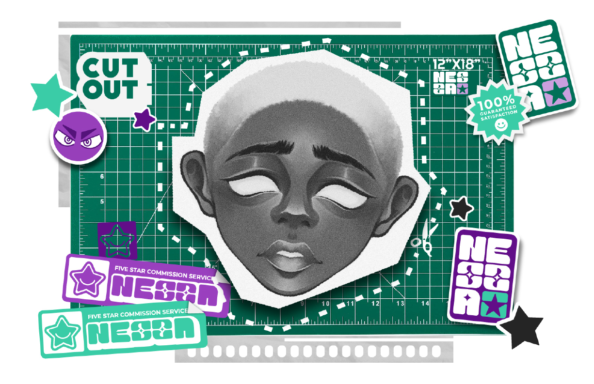Cutout paper portrait on a green cutting mat surrounded by stickers.