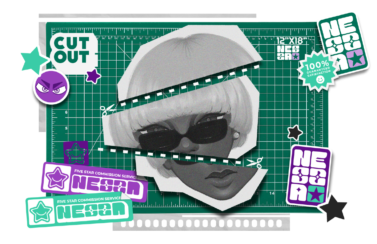 Cutout paper portrait on a green cutting mat surrounded by stickers.