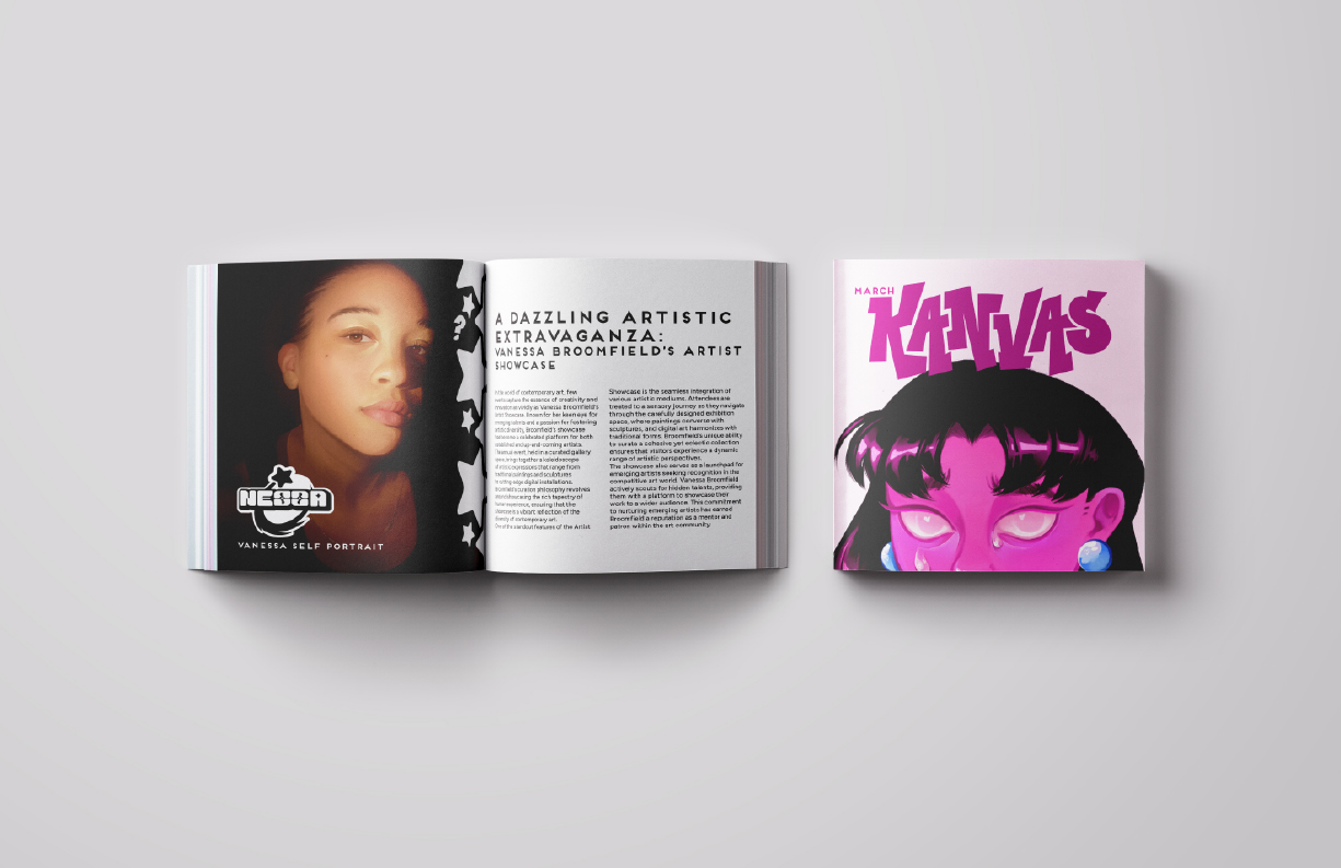Kanvas article spread within open zine beside zine cover.