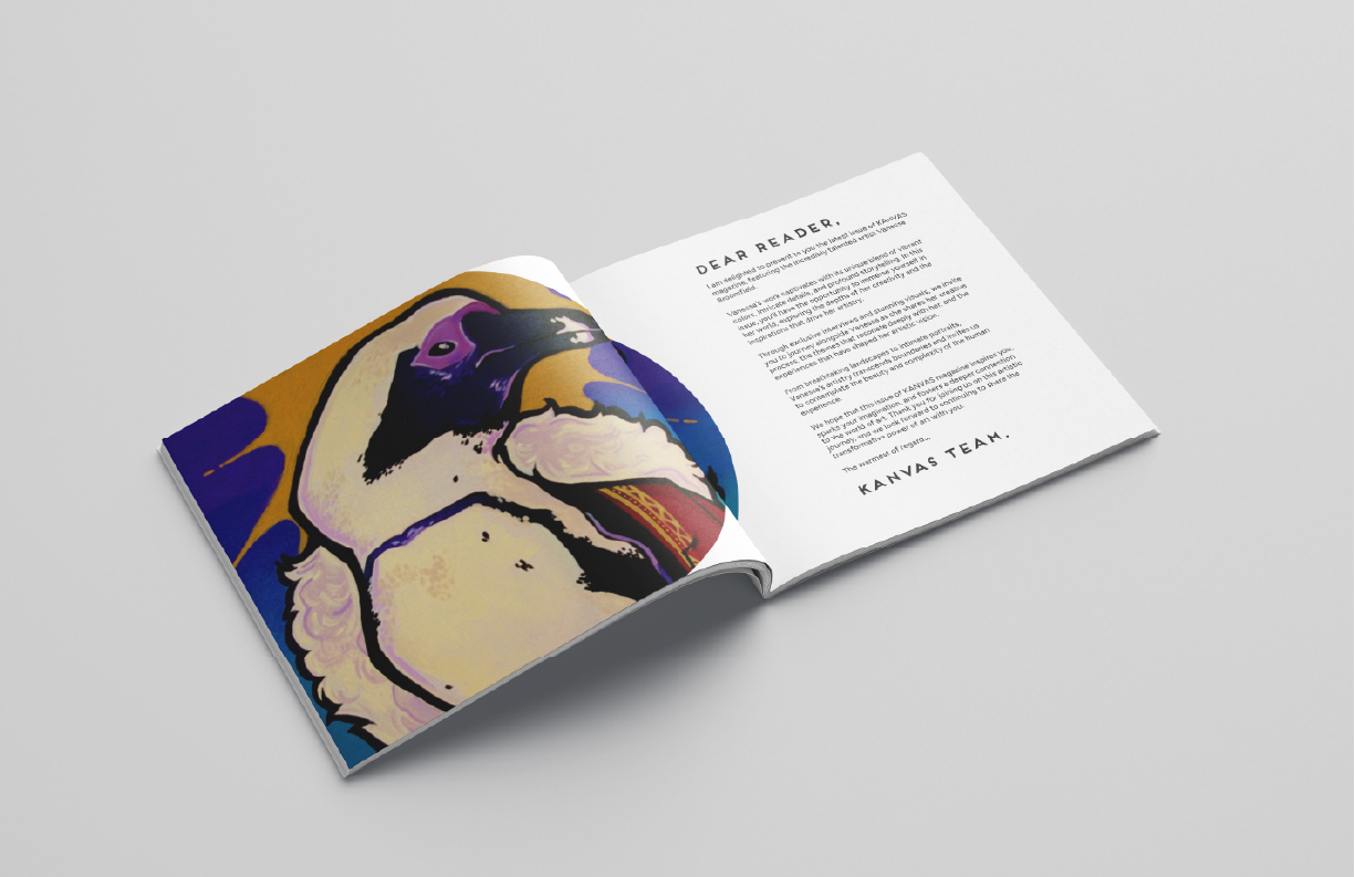 Kanvas letter from editor open zine spread.