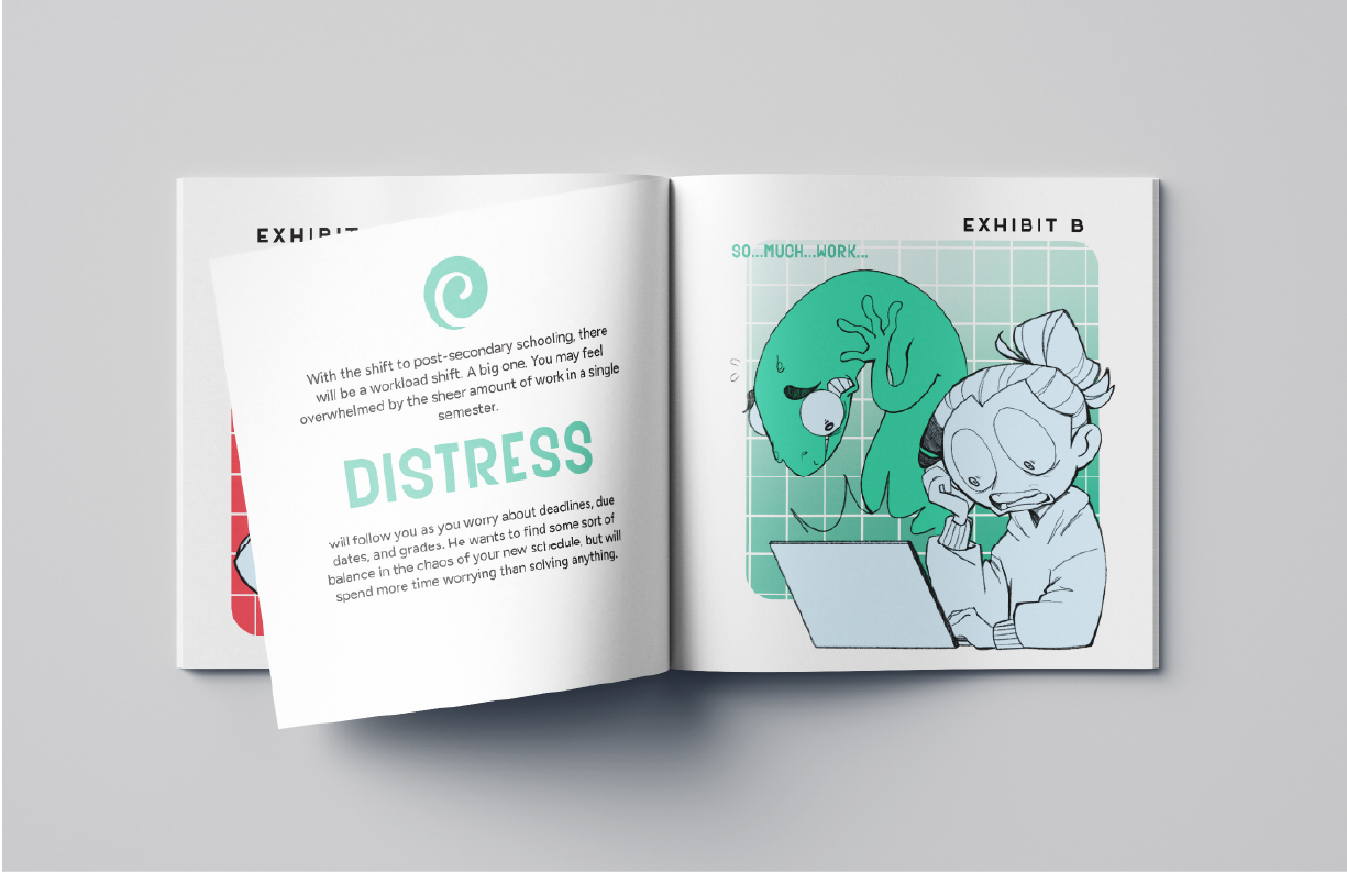 'Distress illustrated page spread within 'Nessa's Guidebook'.