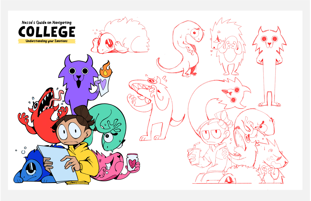 Concept sketch sheets for 'emotion monster's' character designs.