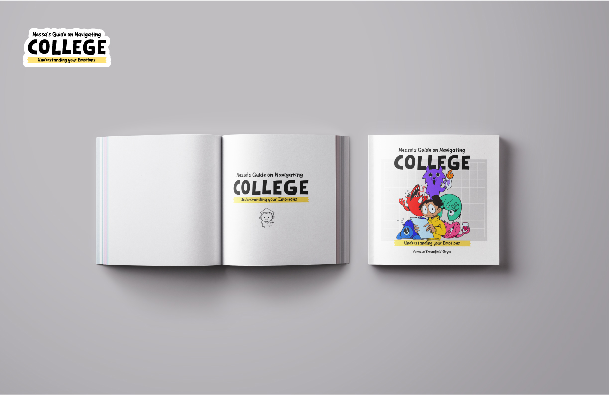 Nessa's College Guide book open spread along with the book cover display beside.