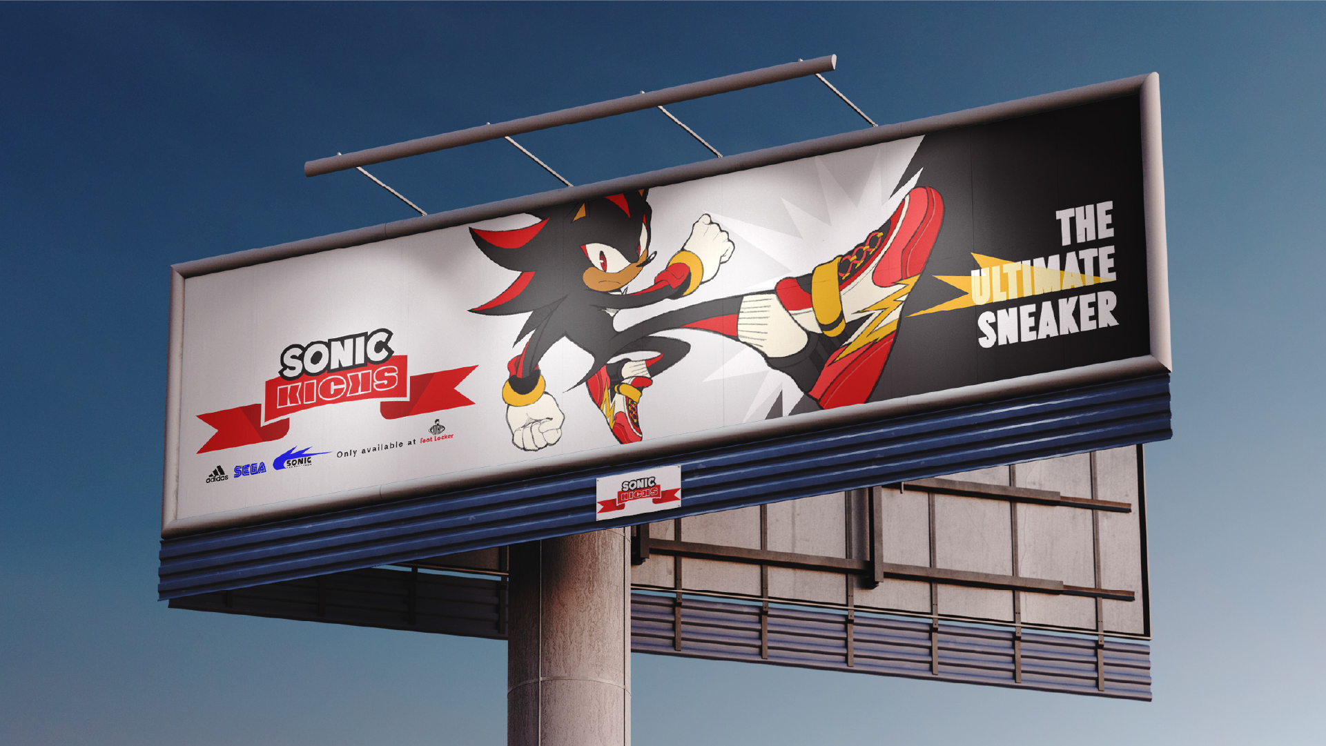 Sonic Kicks Media Campaign Billboard within a busy city.