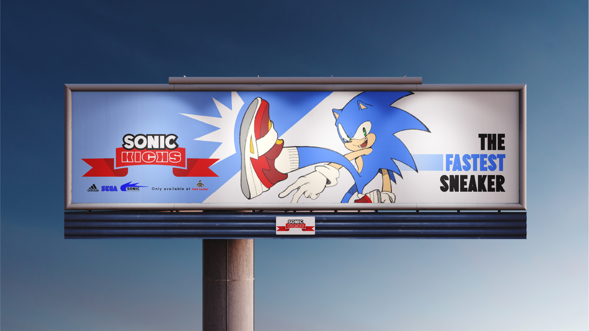 'Sonic Kicks' Sonic the Hedgehog Billboard ad design.