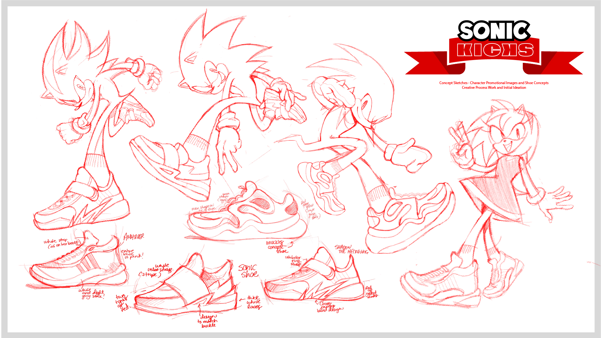 Concept sketch sheets for characters wearing the campaign products (shoes).